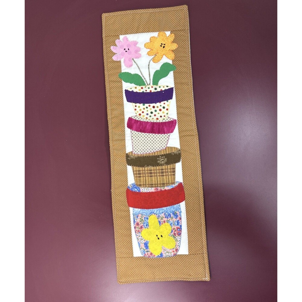 Handmade Tapestry Patchwork Fabric Flower Pots Multi Colored Wall Hanging 22”